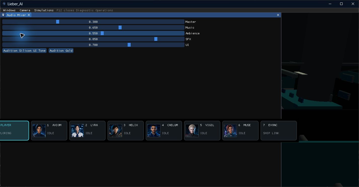 Lieber_AI Audio Mixer diagnostic window in scene F10