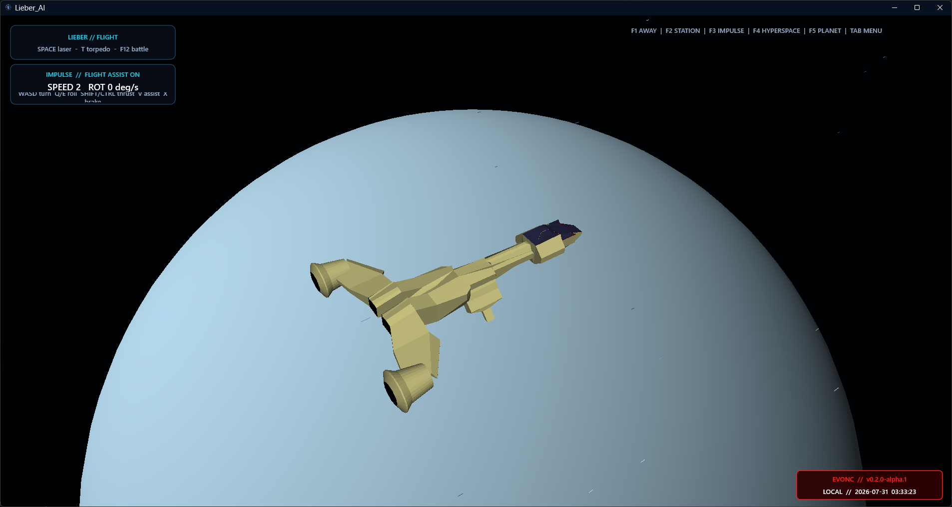 Lieber AI flight view showing the EVONC spacecraft above a pale blue planet